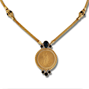 1/10oz 22KT Gold American Eagle Coin in 14KT Yellow Gold Onyx Accented Rope Bezel Necklace with Mesh