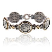 Sterling Silver and 14KT Yellow Gold Antique Roman Inspired Coin Bracelet 8": 6SG-155