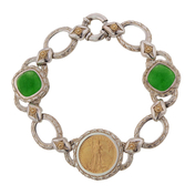 Sterling Silver and 22KT Gold 1/10 oz Coin and Green Jade Gemstone Bracelet 7 1/4": 6SGC-090