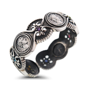 Sterling Silver Ancient Coin Enspired Hinged Bracelet with Iolite, Rhodolite, Peridot, Blue Topaz an