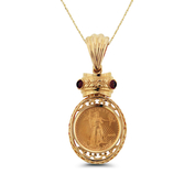 1/10oz 22KT Gold American Eagle Coin in 14KT Yellow Gold Oval Ornate Greco Enhancer Pendant with Gar